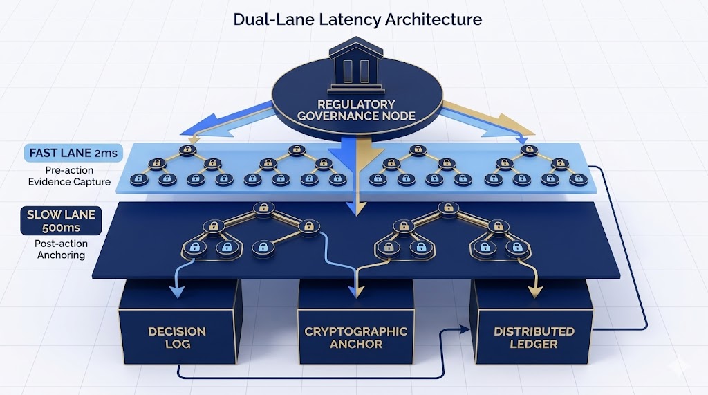 Dual-Lane Latency Architecture: Fast Lane 2ms pre-action evidence capture, Slow Lane 500ms post-action anchoring, Merkle trees, Decision Log, Cryptographic Anchor, Distributed Ledger under Regulatory Governance Node