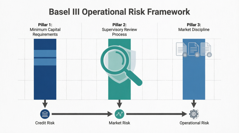 Basel III Operational Risk Framework: three pillars - Minimum Capital Requirements, Supervisory Review Process, Market Discipline - mapping to Credit Risk, Market Risk, Operational Risk