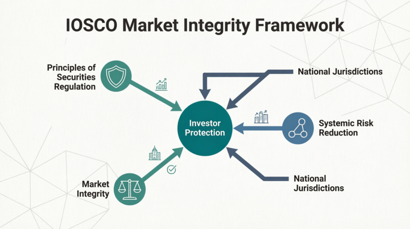 IOSCO Market Integrity Framework: Investor Protection hub with Principles of Securities Regulation, Market Integrity, Systemic Risk Reduction, and National Jurisdictions branches