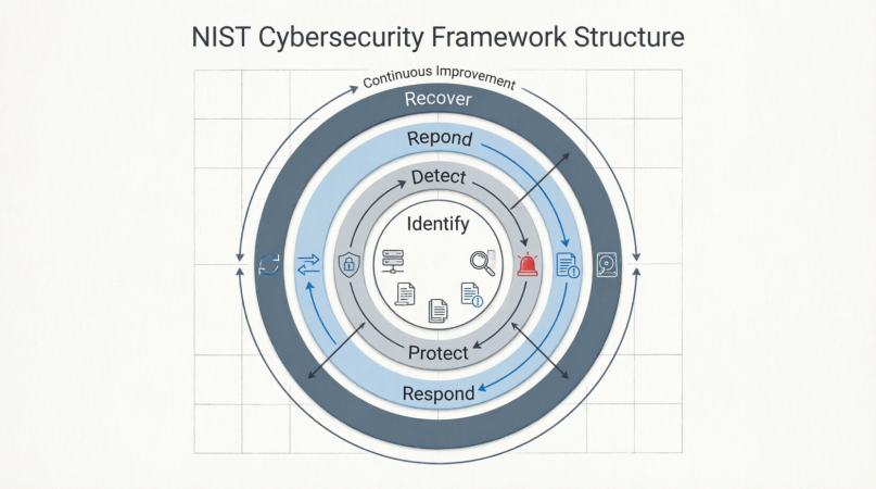 NIST Cybersecurity Framework Structure: five concentric rings Identify, Protect, Detect, Respond, Recover with Continuous Improvement cycle