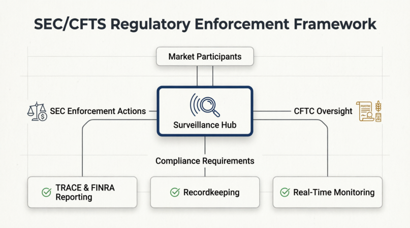 SEC/CFTC Regulatory Enforcement Framework: Market Participants to Surveillance Hub with SEC Enforcement Actions and CFTC Oversight, plus TRACE/FINRA Reporting, Recordkeeping, Real-Time Monitoring