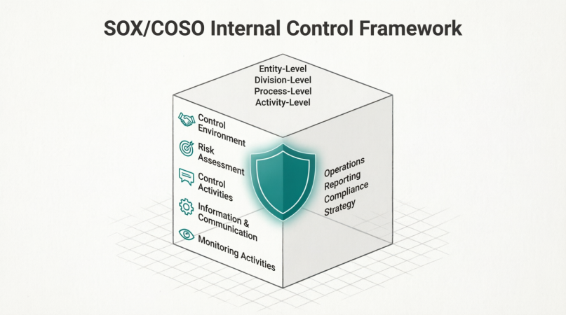 SOX/COSO Internal Control Framework: COSO cube with Control Environment, Risk Assessment, Control Activities, Information and Communication, Monitoring Activities against Operations, Reporting, Compliance, Strategy
