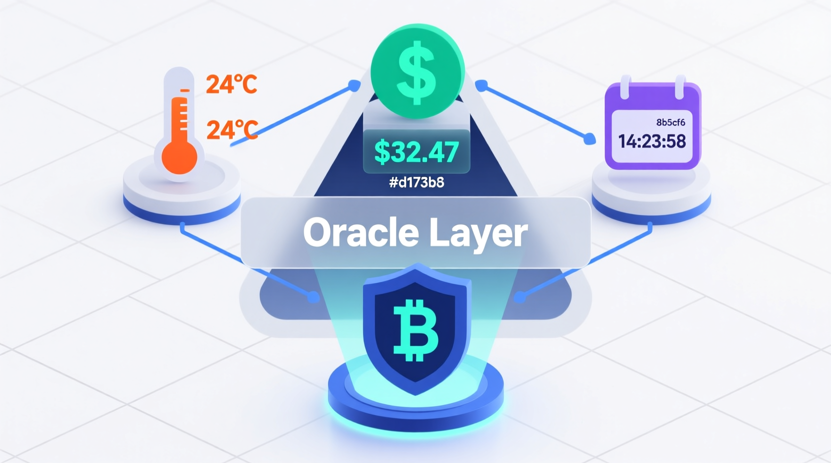 Oracle Layer diagram: temperature data, price data ($32.47), timestamp (14:23:58) feeding into a blockchain security shield